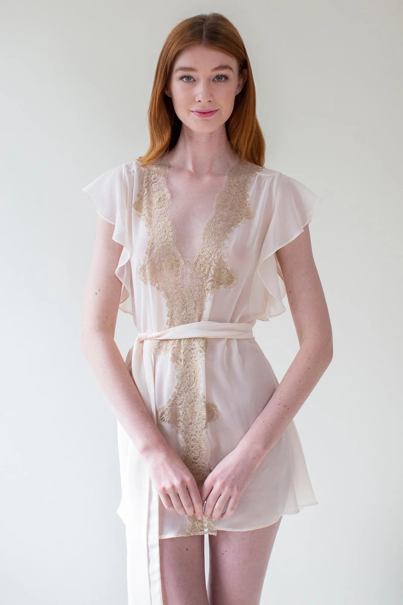 Honey Flutter sleeves French lace robe rose gold