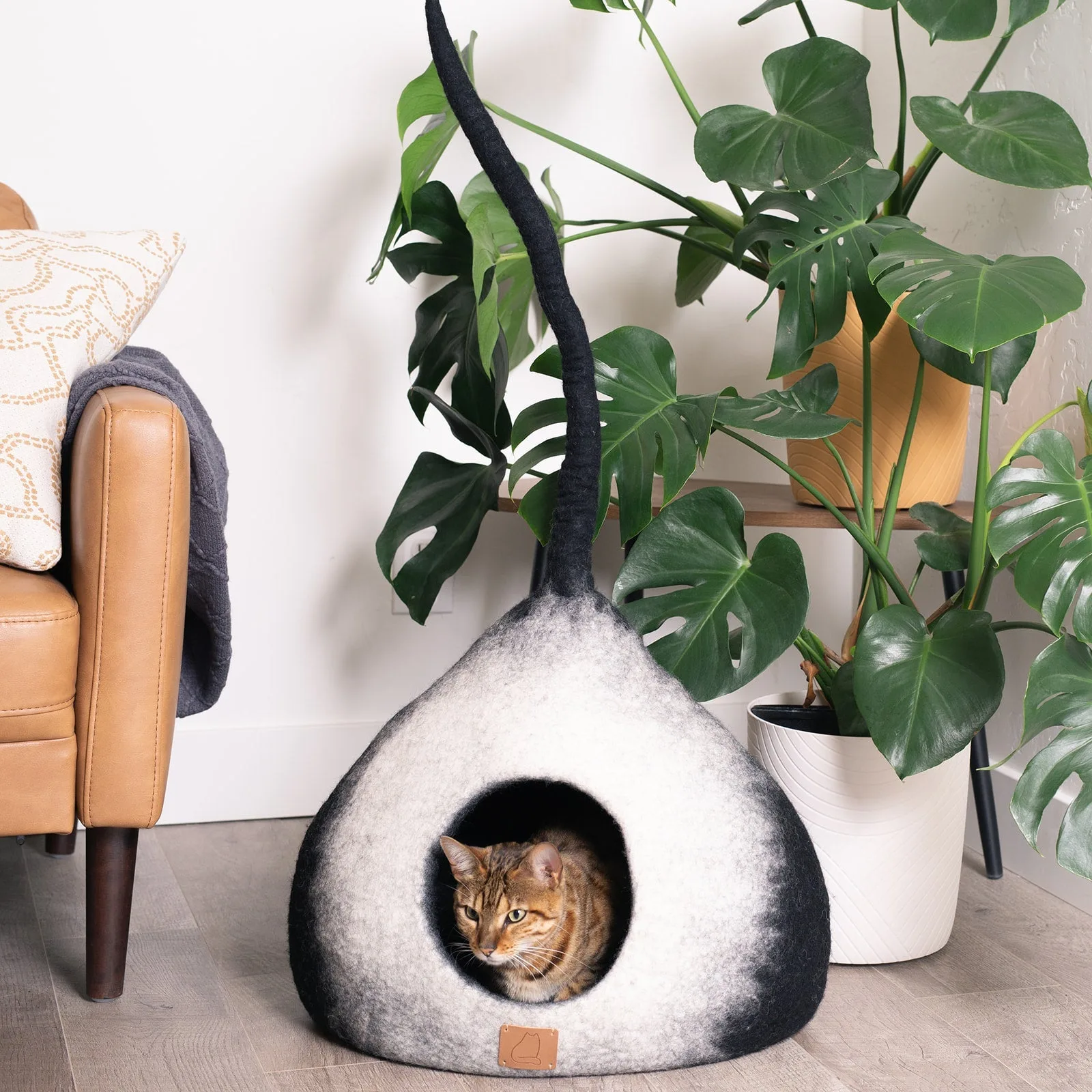 Felted Wool Fuzzy Cat Bed with Tail w Organic NZ Wool