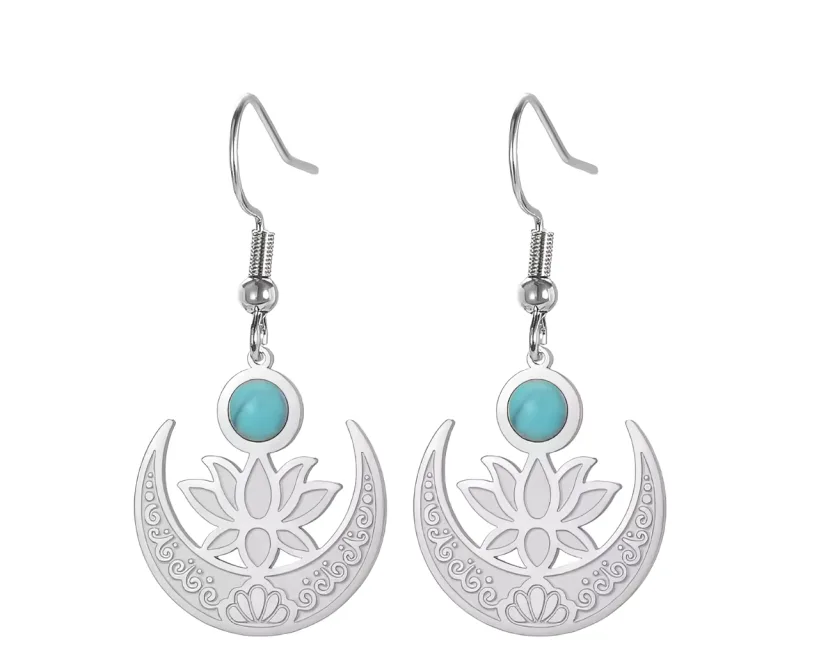 Boucles d'oreilles pendantes lotus lune turquoise