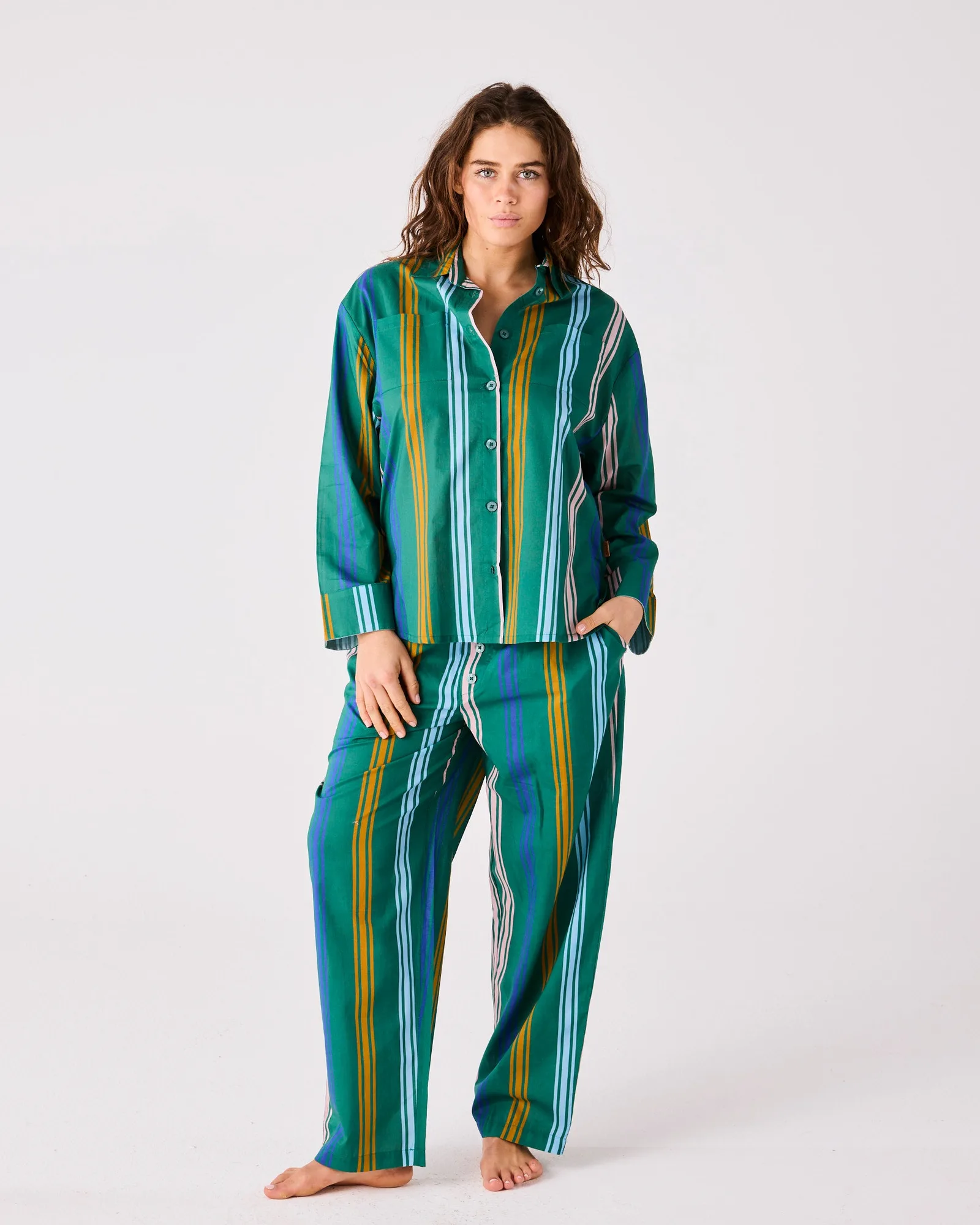 Pijama de camisa de manga larga y pantalón para adulto de algodón orgánico con rayas Eden