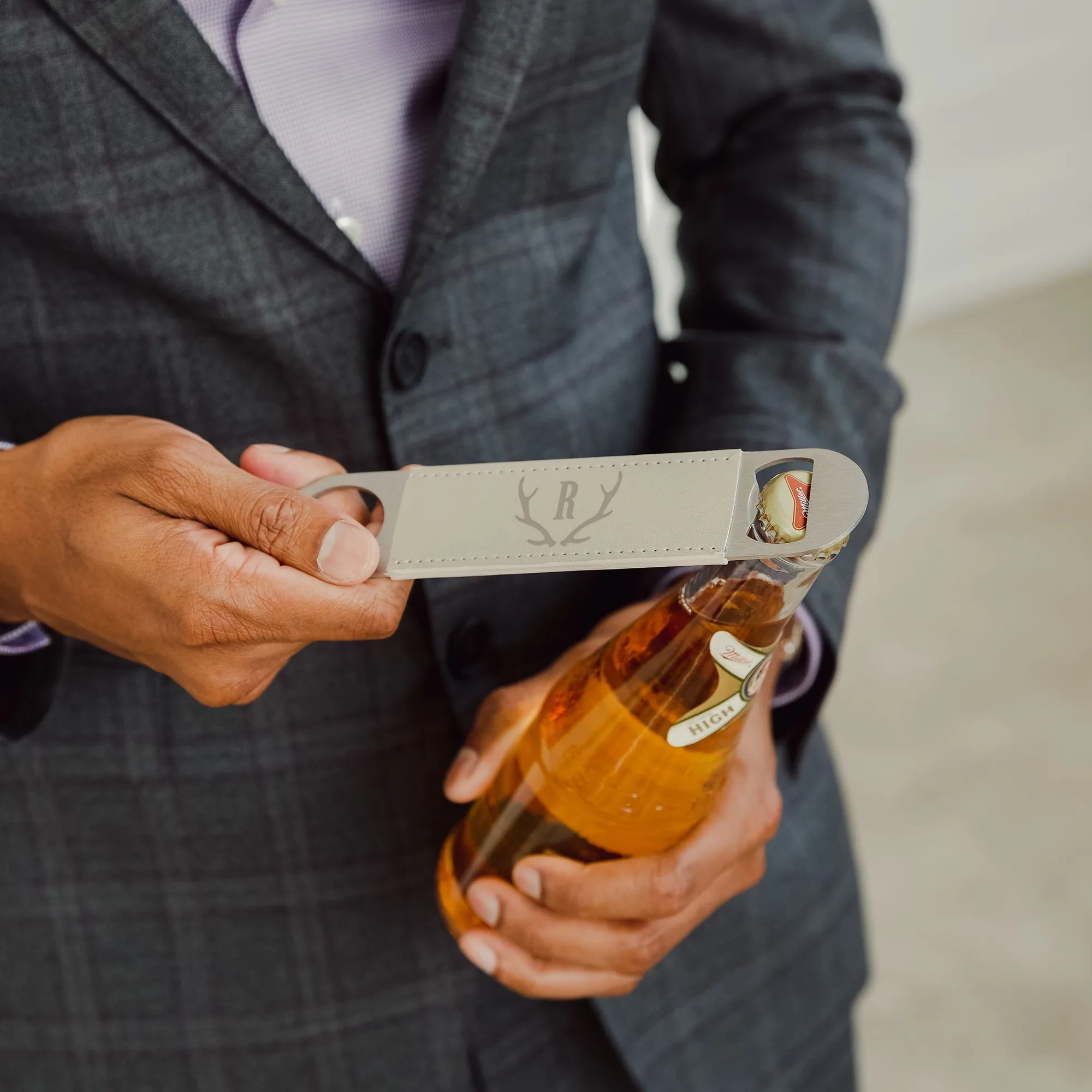 Personalized Faux Leather Wrapped Bar Blade Bottle Opener - Antler Monogram