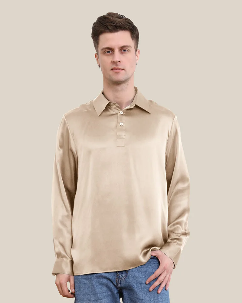Camisa larga de seda con cuello polo para hombre