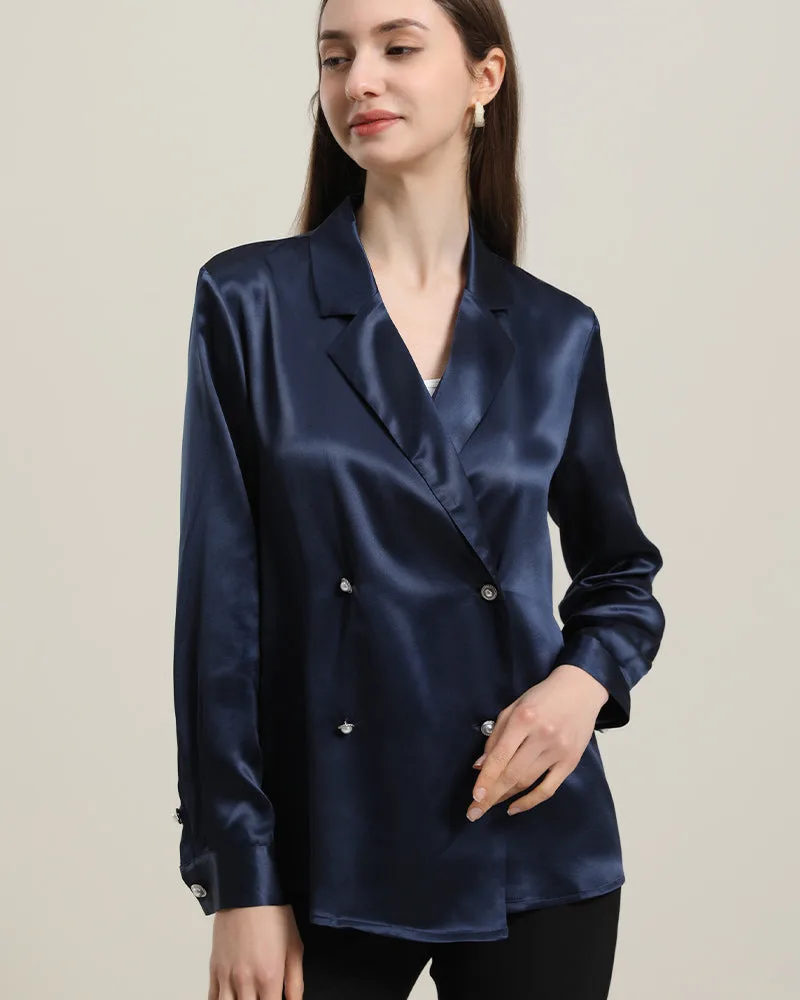 Elegante camicia di seta con scollo a V e doppiopetto