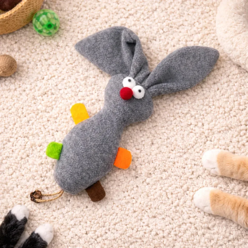 Grey Rabbit Cat Mint Plush Toy with Matatabi Fruit – Interactive Bunny Cat Toy (29cm)