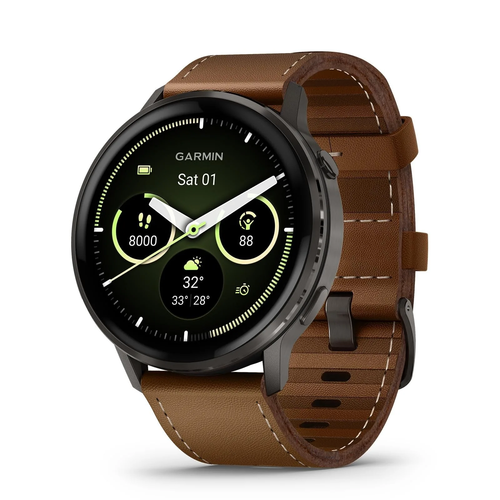 Garmin Venu 4، ساعة ذكية 45 مم، أردوازي مع سوار أسود وسوار جلد بني