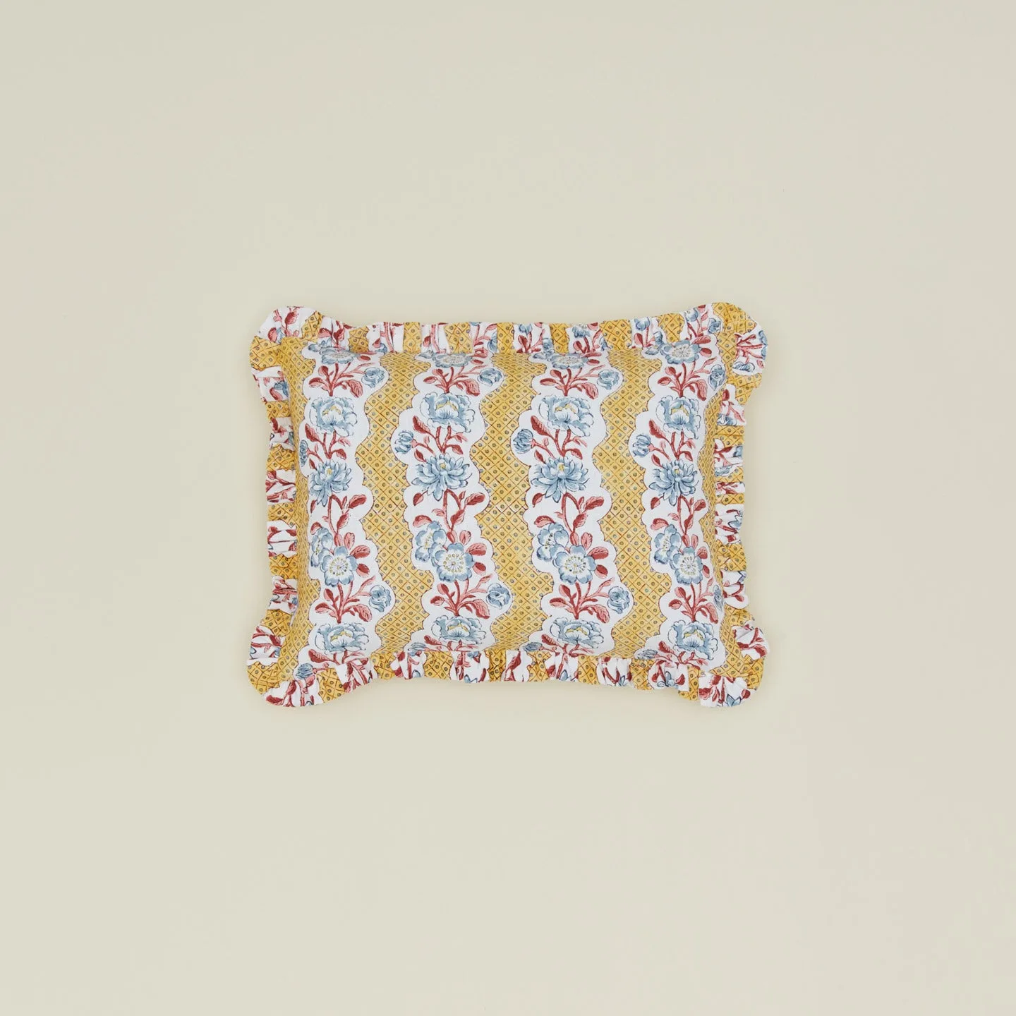 Block Printed Ruffled Pillow Cover - Mustard Floral