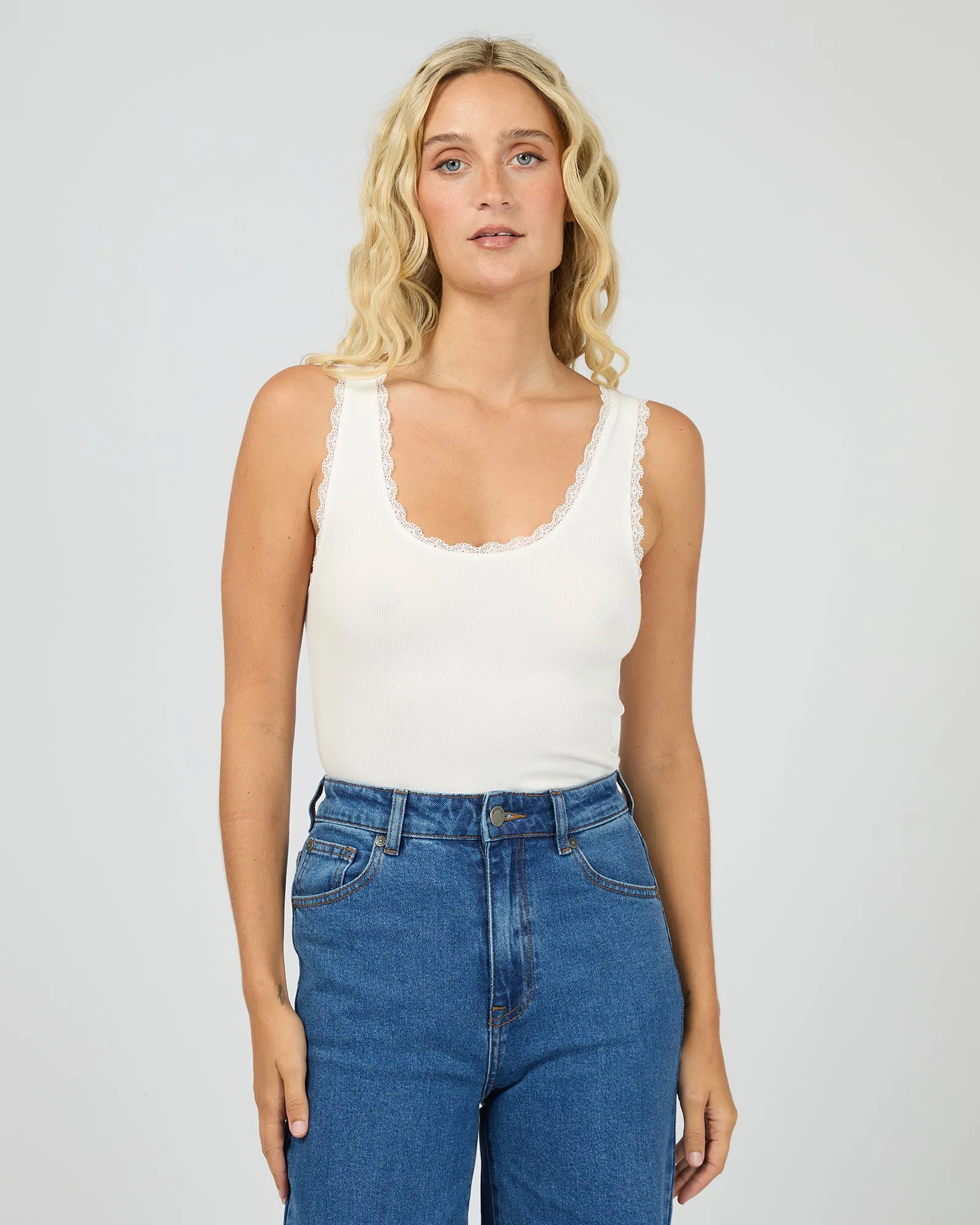 Washed Rib Lace Tank Vintage White