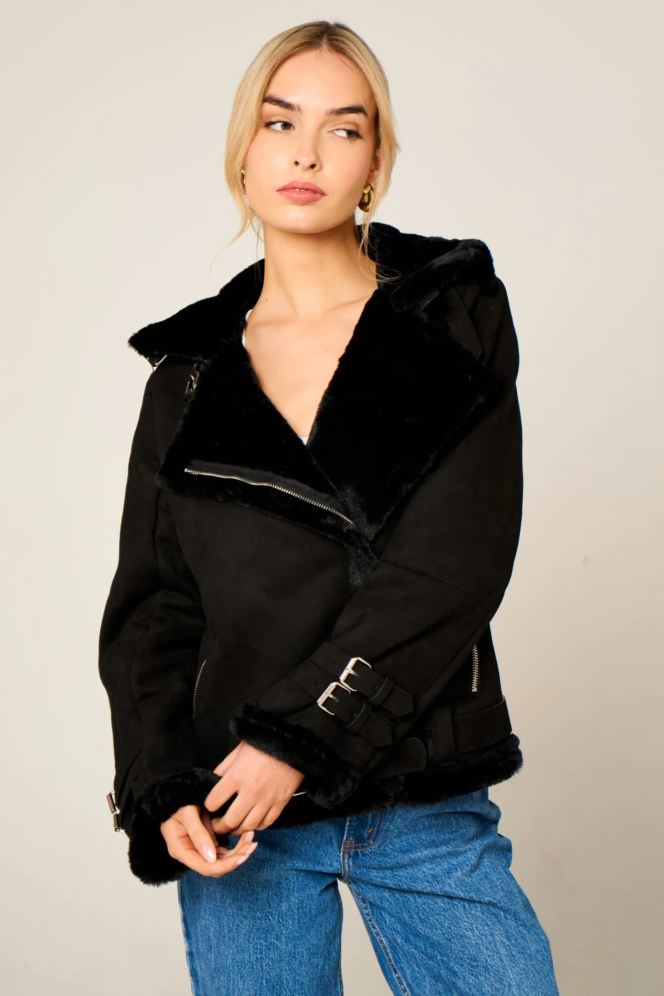 Black Faux Suede Aviator Jacket - Skylar