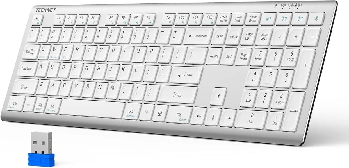 TECKNET Bluetooth Keyboard Rechargeable, 4-Device Free Switching (2.4G+BT), Ultra-Slim Full Size Wireless Keyboard, Quiet Typing, for PC/Laptop/Smart TV/Phone, Adjustable Stand, 12