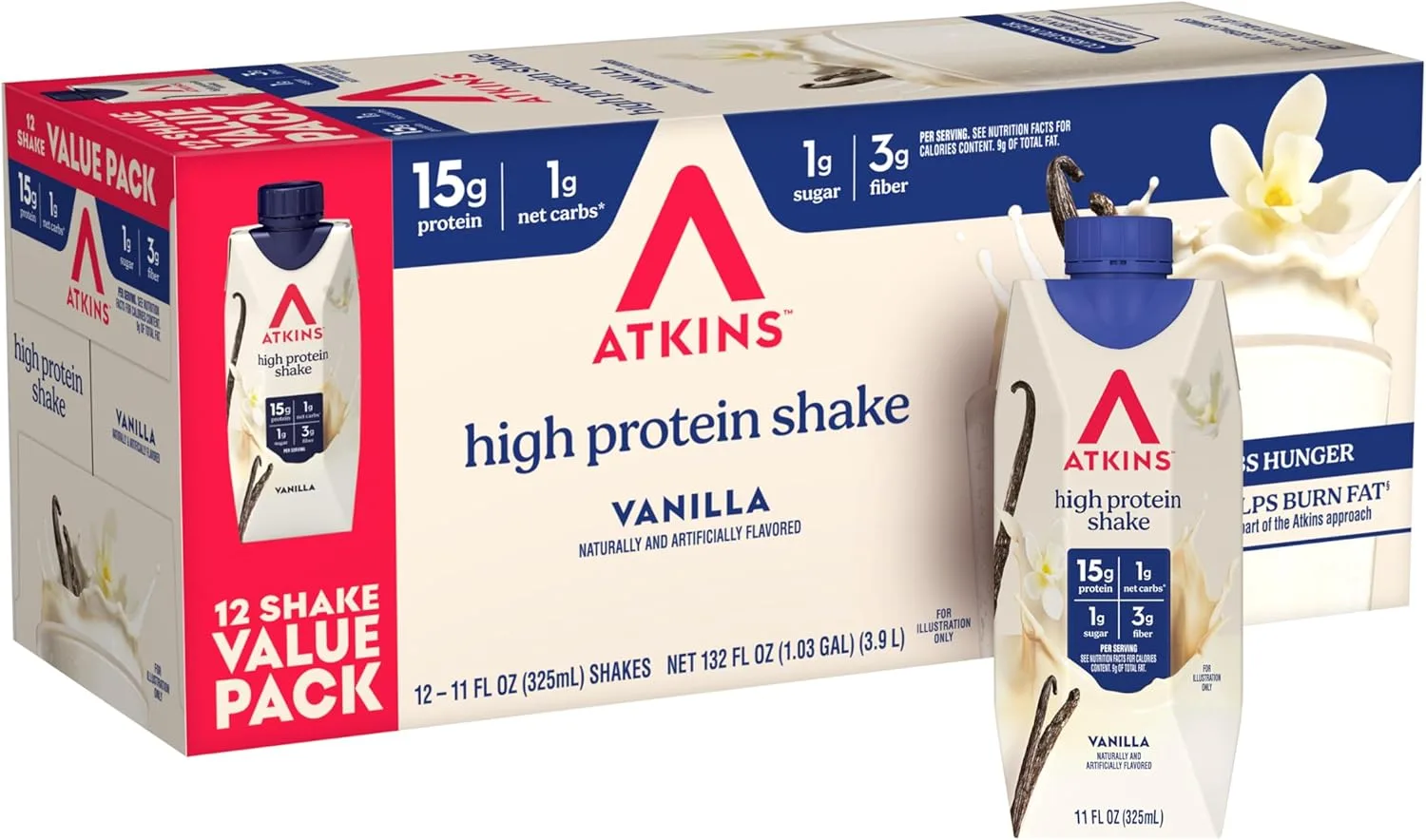 Atkins Vanilla High Protein Shake, 15g Protein, Low Glycemic, Low Carb and Low Sugar Protein Shakes, Keto Friendly Ready to Drink Shakes, 12 Vanilla Flavored Protein Shakes
