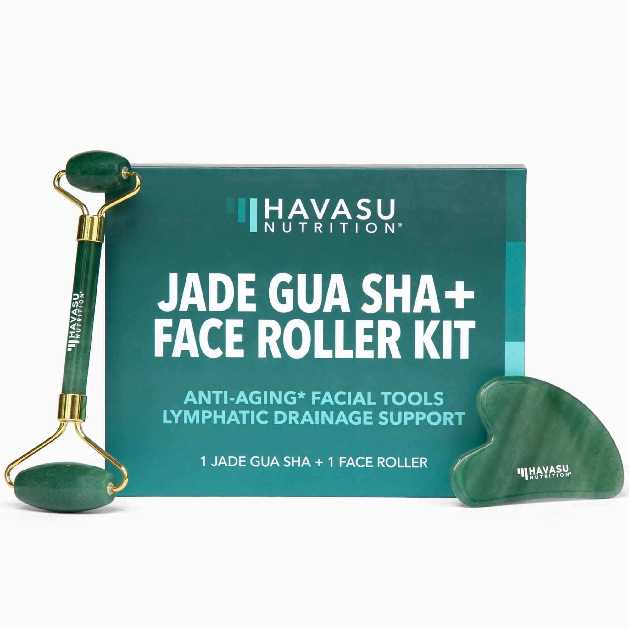 Jade-Gua-Sha + Gesichtsroller-Set – Lymphdrainage-Unterstützung (1 Jade-Gua-Sha + 1 Gesichtsroller)