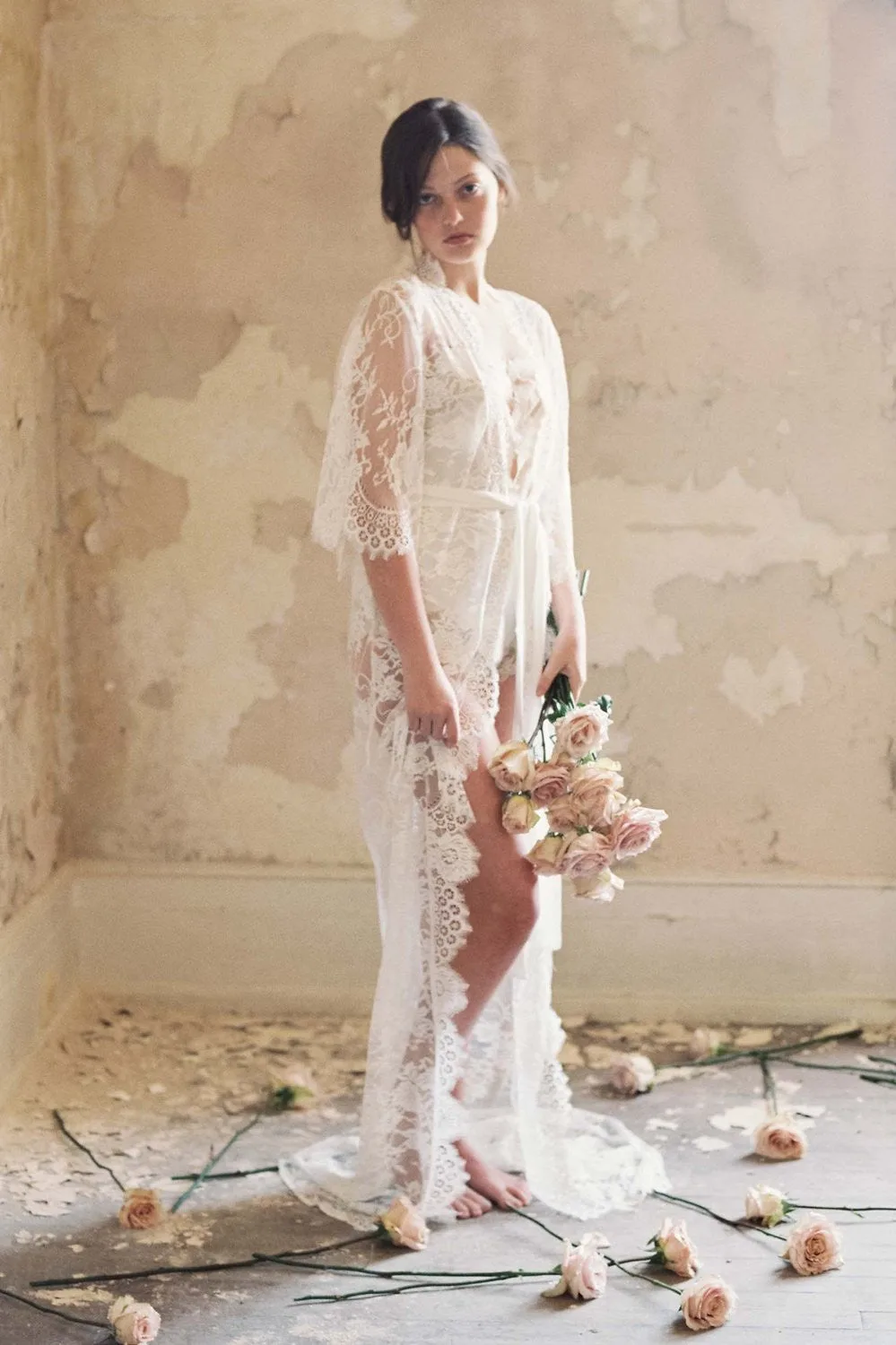 Swan Queen Lace Robe Long Dressing Gown with kimono sleeves