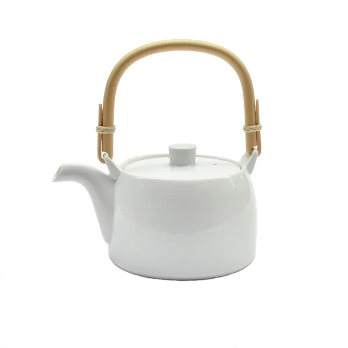 White Teapot with Bamboo Handle