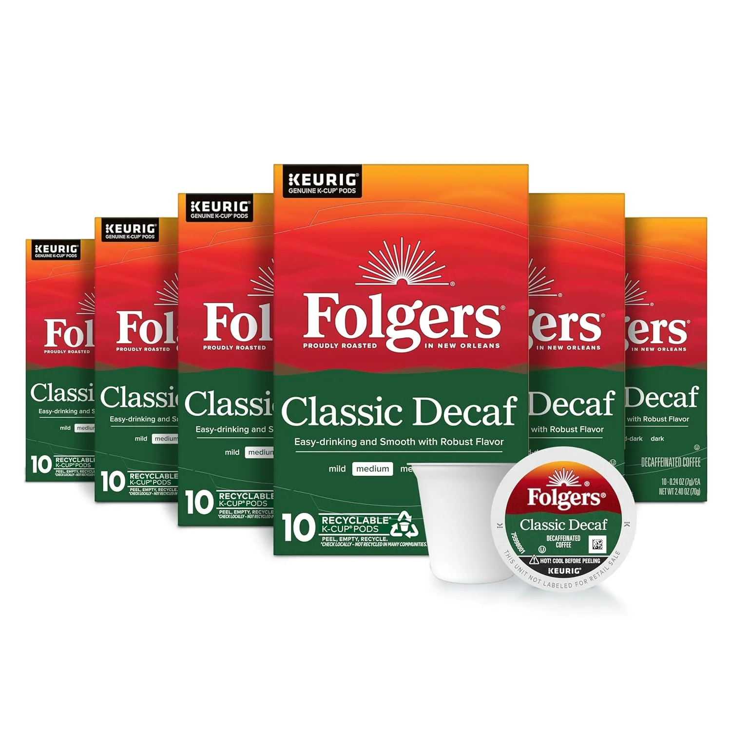 Folgers Classic Decaf Coffee Keurig K-Cup pods, Medium Roast, 10 Count Box (Pack of 6)