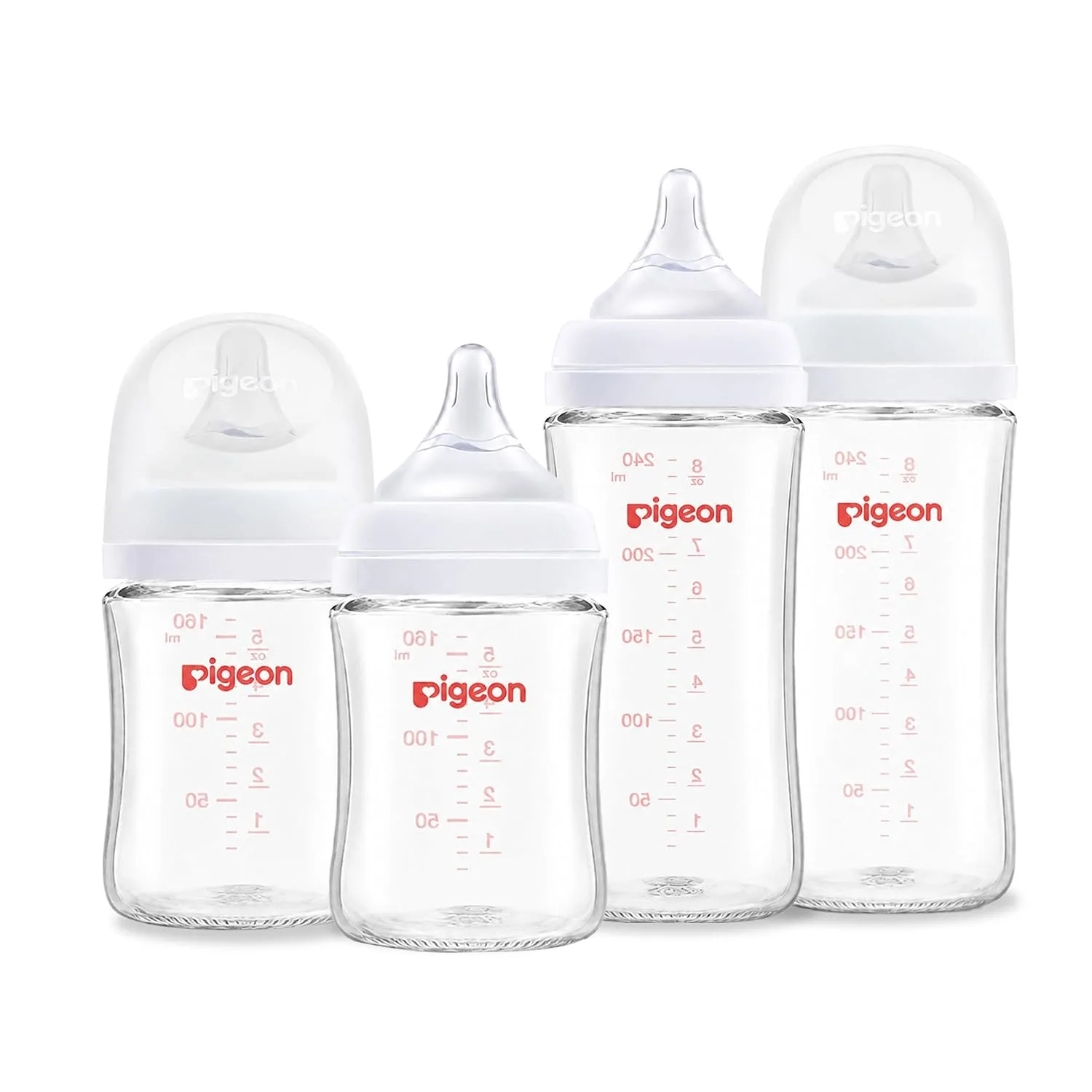 ピジョン 広口ガラス哺乳瓶(4本パック)、なめらかな形状、自然な感触、お手入れ簡単、耐熱性、160mlと240ml