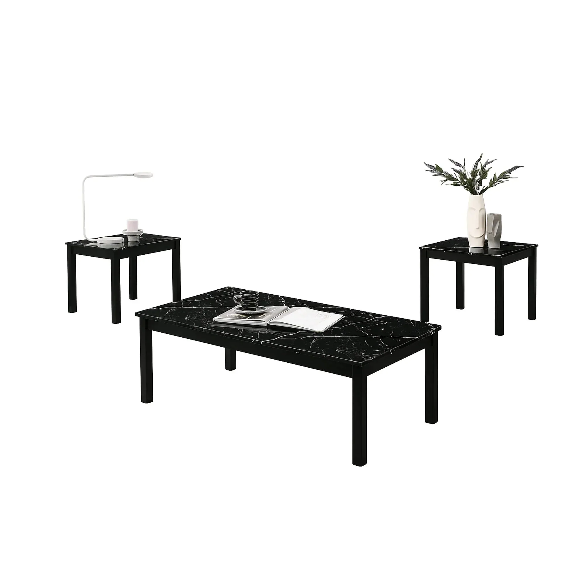 Ensemble de table basse Findlay 3 pièces, 47,5 po, rectangulaire, plateau en marbre imitation, pieds en bois massif