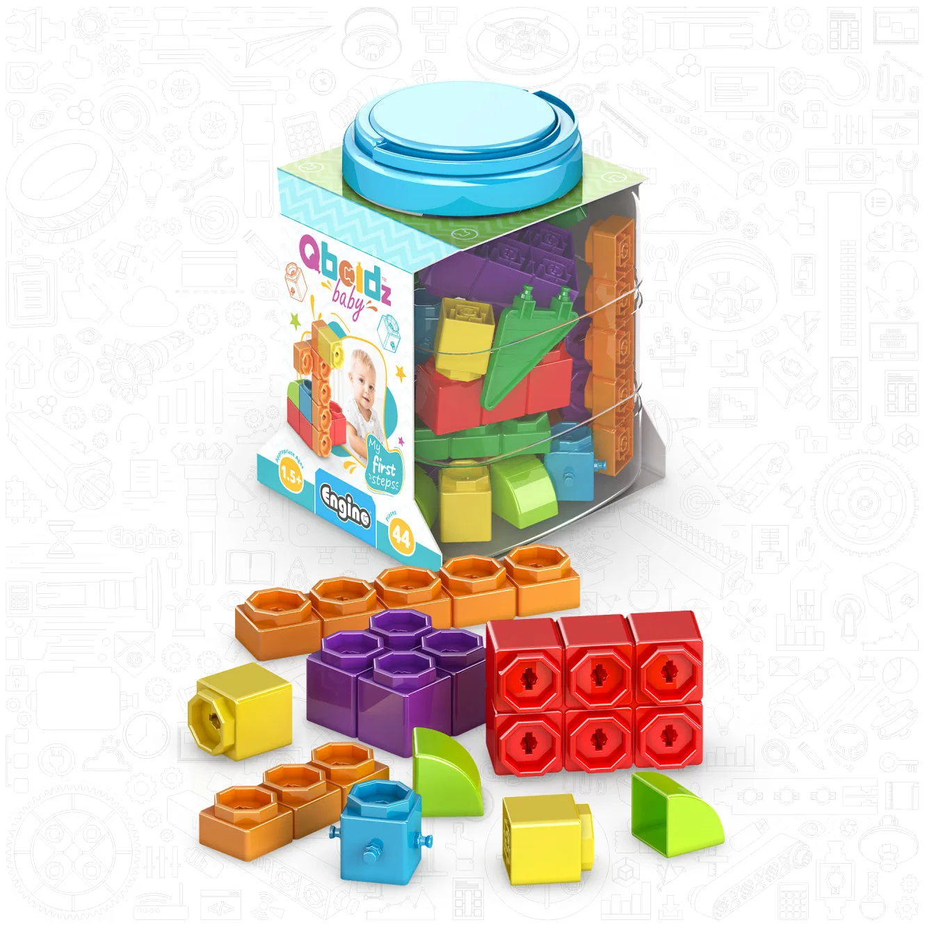Engino QBOIDZ- Mijn eerste stappen Bouw STEM-speelgoed voor kinderen 1.5+ (middelgrote set in plastic bak)