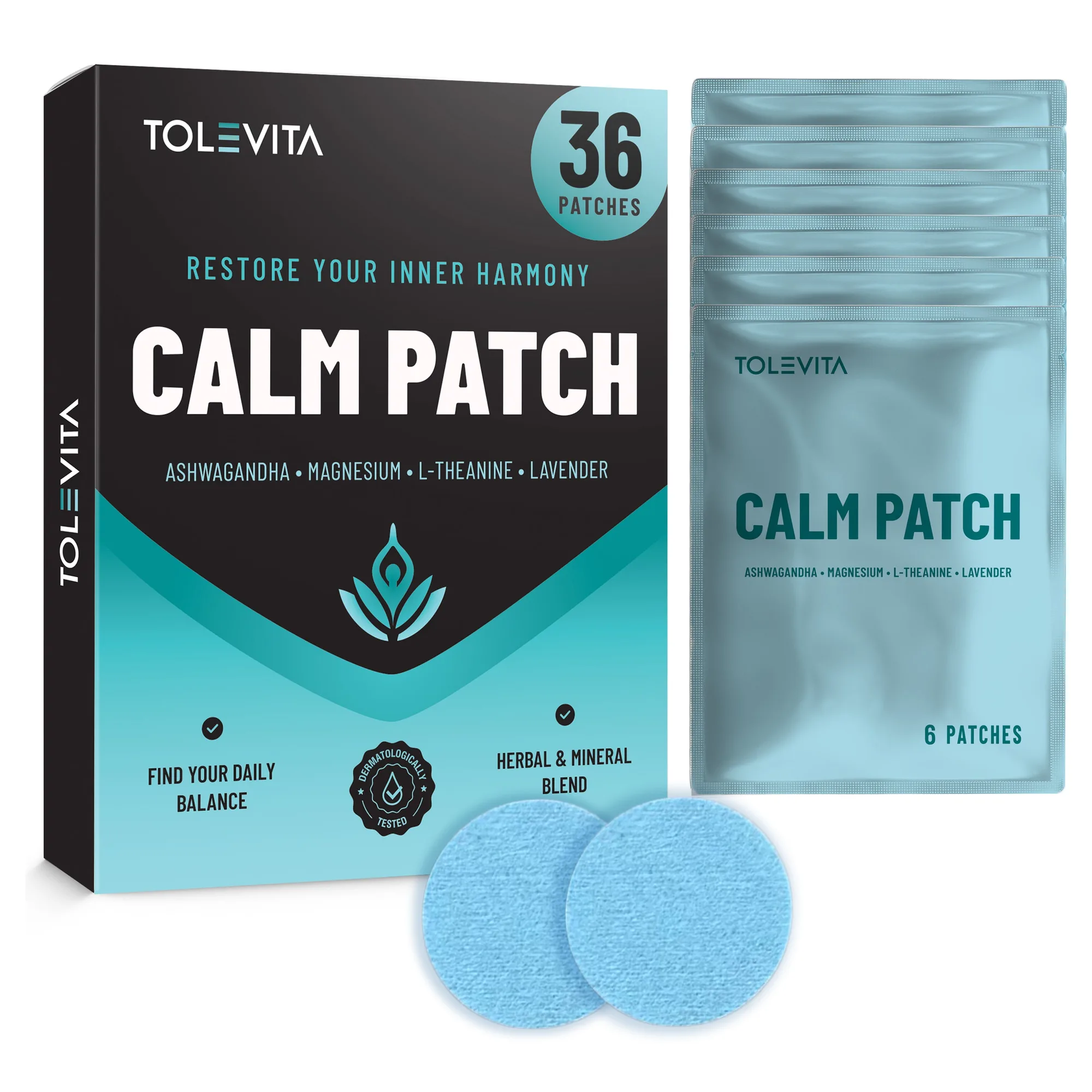 Náplasti Calm pro relaxaci a úlevu od stresu s GABA, ashwagandhou, L-theaninem, mučenkou a hořčíkem, 36 náplastí