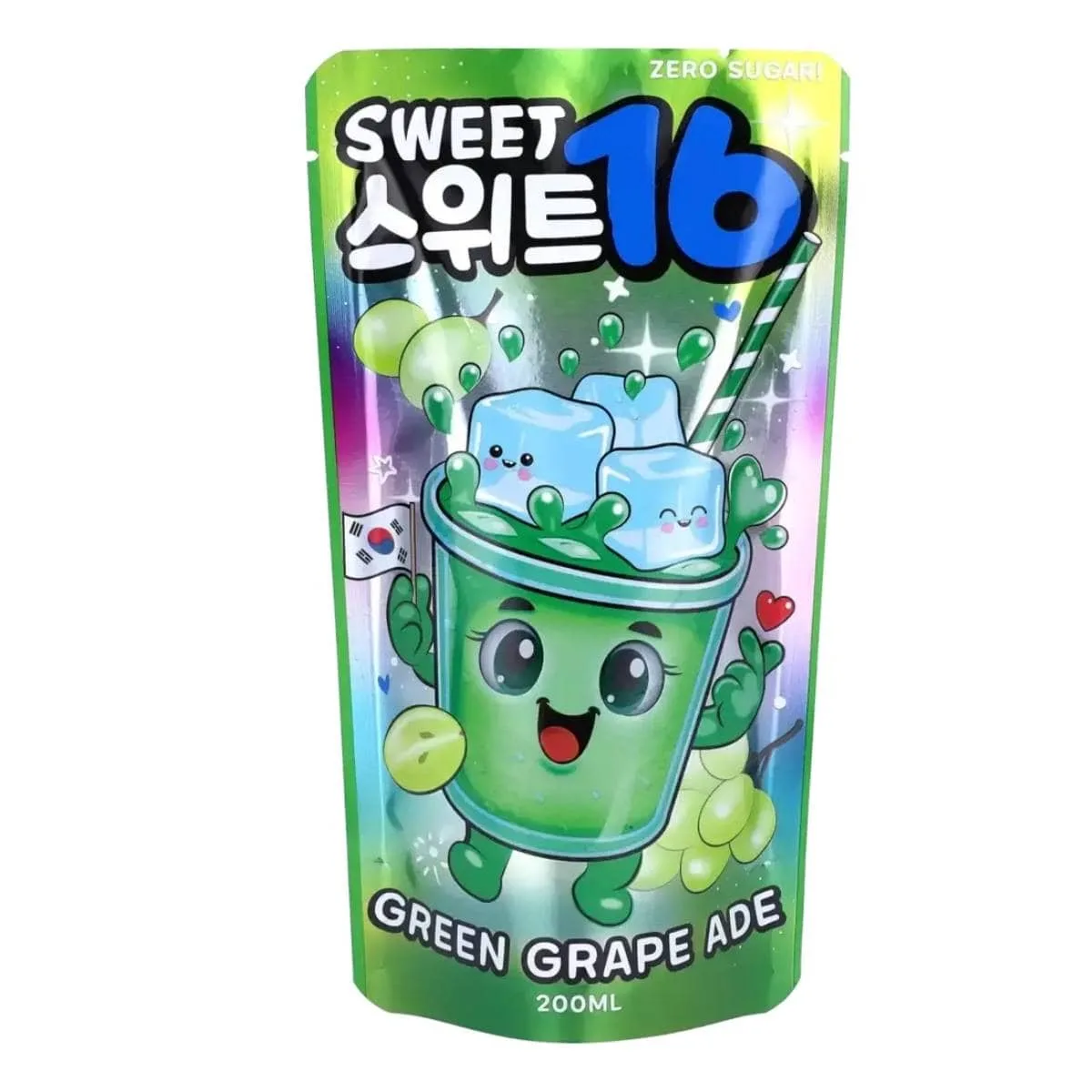Sweet16 Green Grape Ade Zero Sugar Korean Pouch Drink 200ml