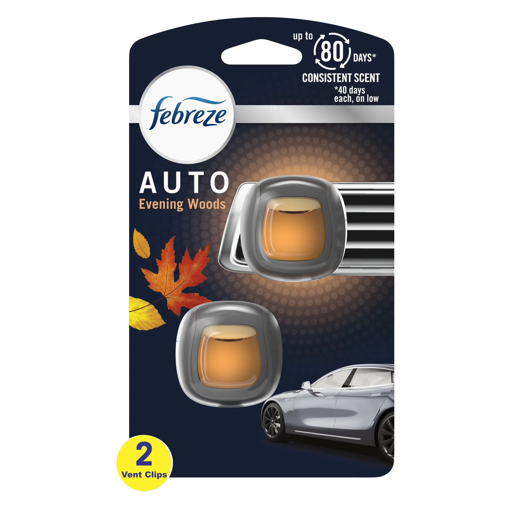 Febreze AUTO Air Freshener Vent Clip Evening Woods Scent, .06 oz Car Vent Clip, Pack of 2