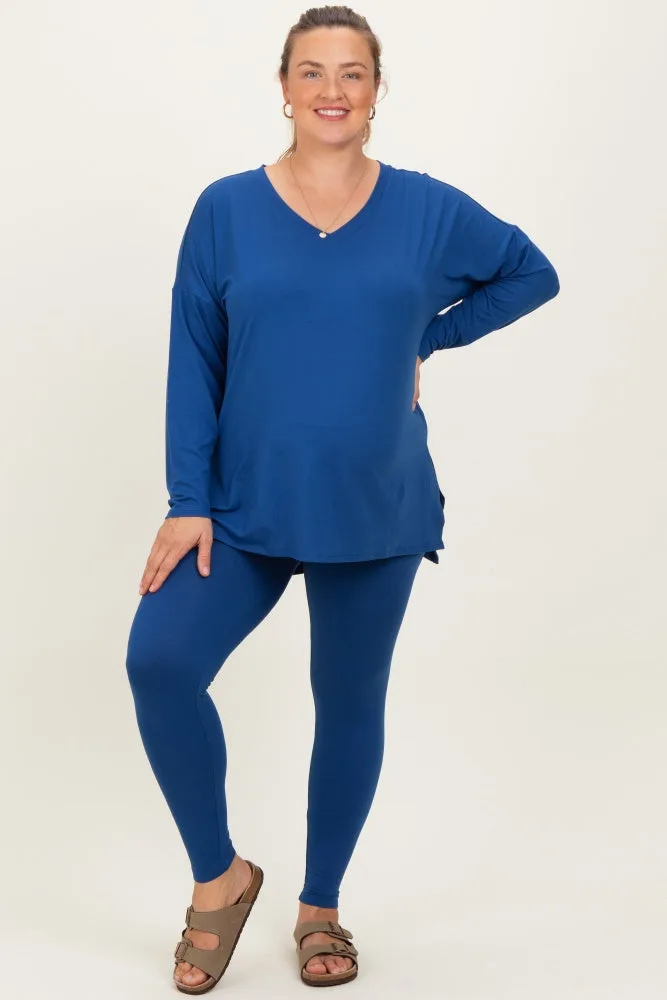 Navy Brushed Knit Oversized Top and Legging Maternity Plus Set