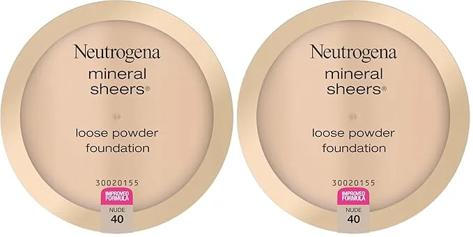 Neutrogena Mineral Sheers Lightweight Loose Powder Makeup Foundation with Vitamins A, C, & E, Sheer to Medium Buildable Coverage, Skin Tone Enhancer, Face Redness Reducer, Nude 40,.19 oz (Pack of 2)