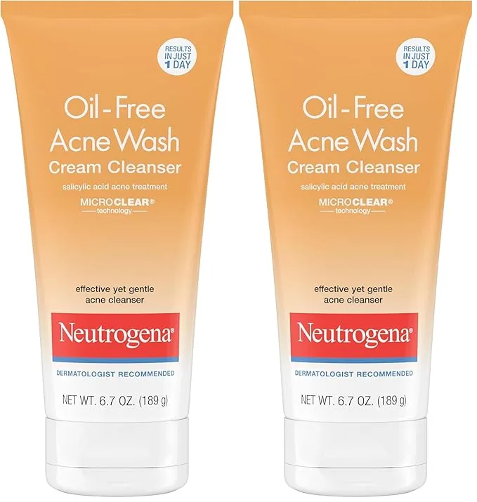 Nettoyant Visage Crème Anti-Acné Sans Huile Neutrogena, Traitement Anti-Acné à l'Acide Salicylique à 2%, Nettoyant Visage Quotidien pour Peau à Tendance Acnéique, 6,7 fl. oz (Lot d