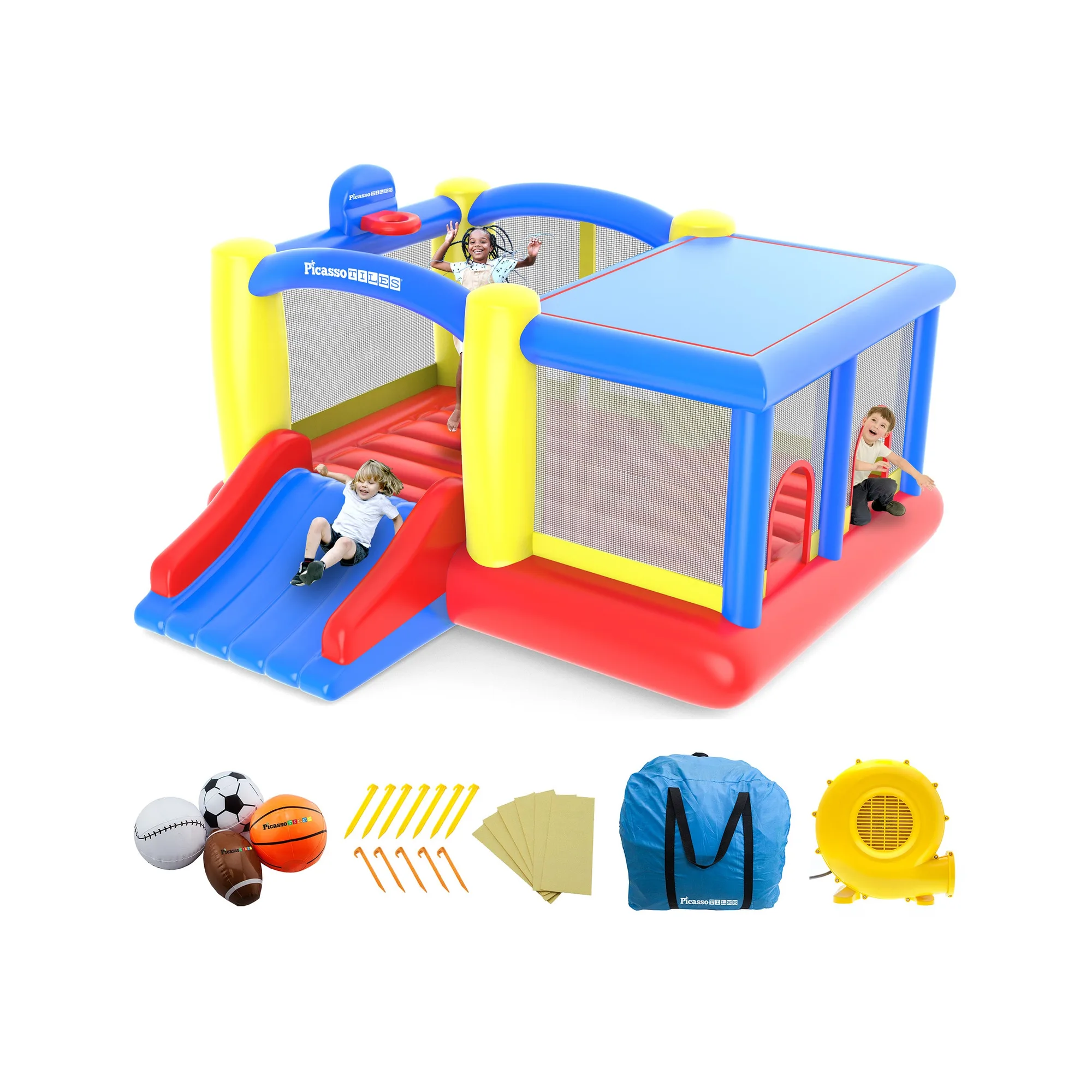 PicassoTiles Inflatable Jump Slide Dunk Bounce House