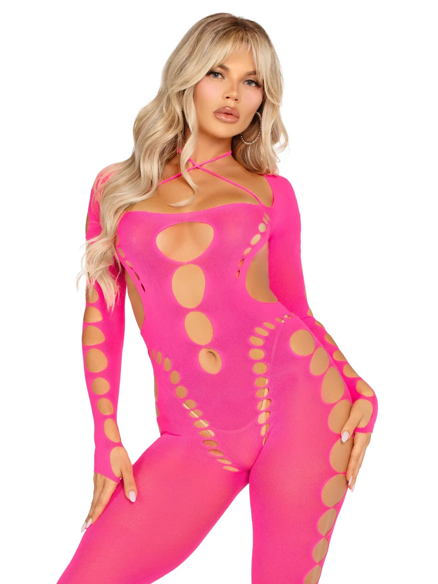 Opaque Cut Out Footless Bodystocking - Pink