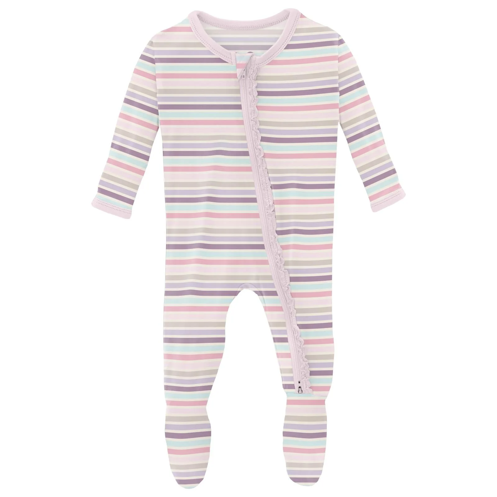 Print Muffin Ruffle Footie with 2 Way Zipper in Ice Cream Stripe