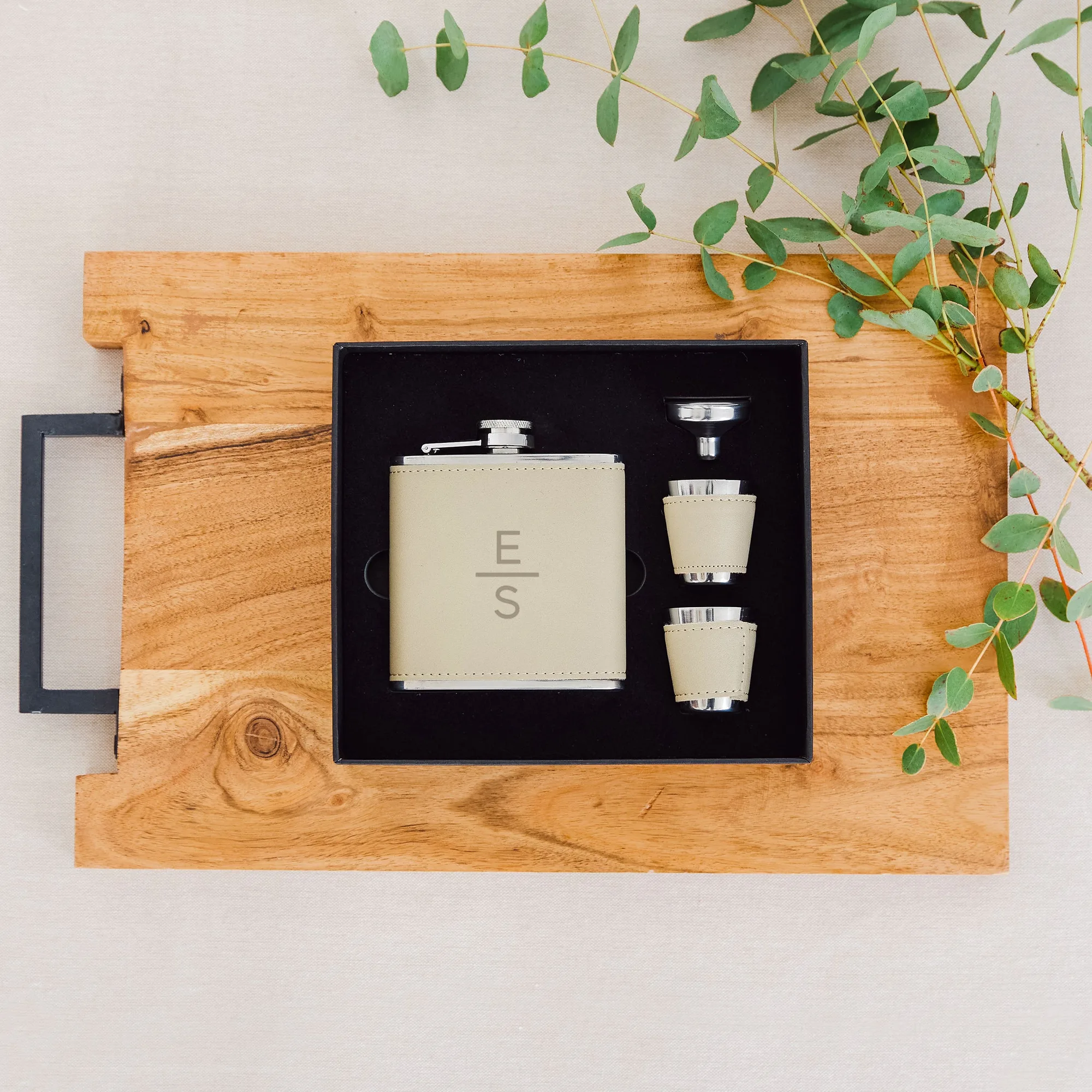 Engraved 5 oz. Faux Leather Wrapped Flask Gift Box Set - Stacked Monogram