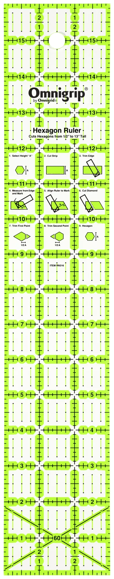 Omnigrip Non-Slip Hexagon Ruler, 3" x 16"
