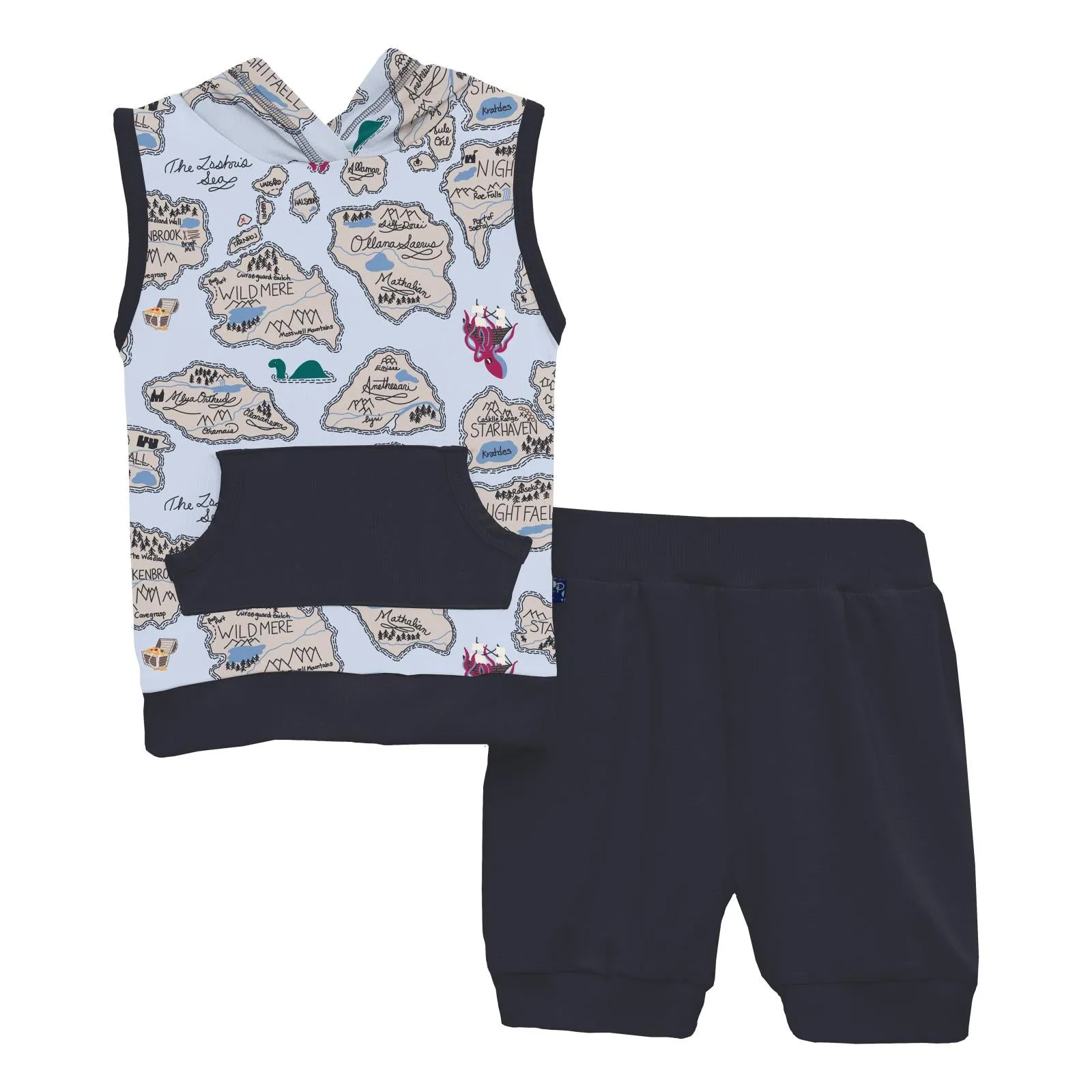 Print Short Sleeve Hoodie Tank Outfit Set in Dew Pirate Map