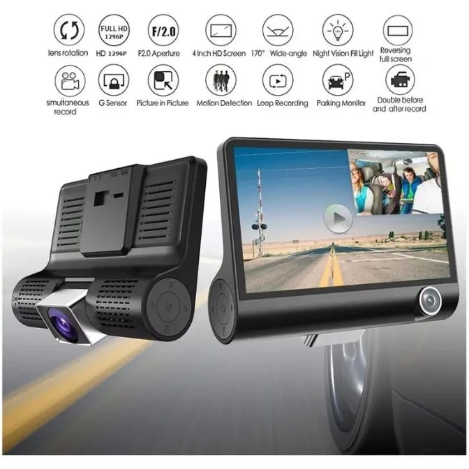 كاميرا داش كام KF Premium بشاشة لمس 4 بوصة بعدسة مزدوجة 1080P – مسجل DVR أمامي وخلفي للسيارة، كشف الحركة، رؤية ليلية، مستشعر G، تسجيل حلقي