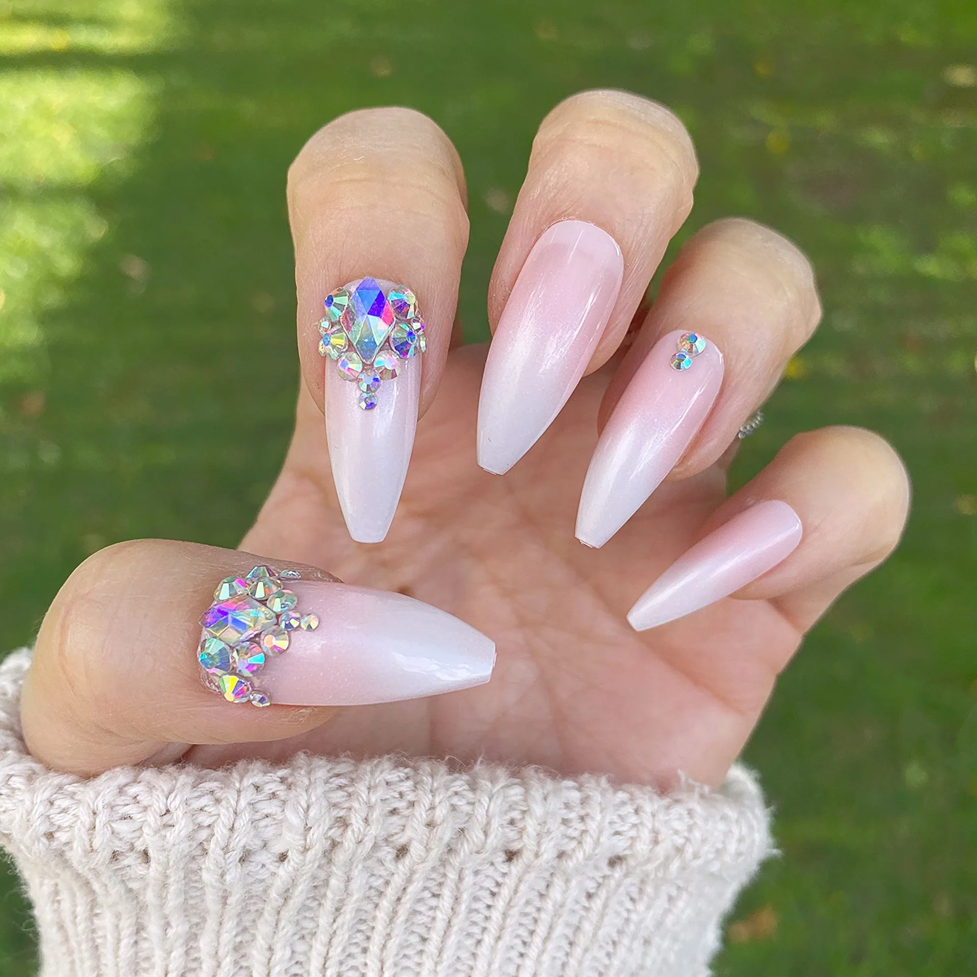 Dazzle Omni Pink Ombre W/ Crystal Accent Tapered Long Coffin Press On Nail Set