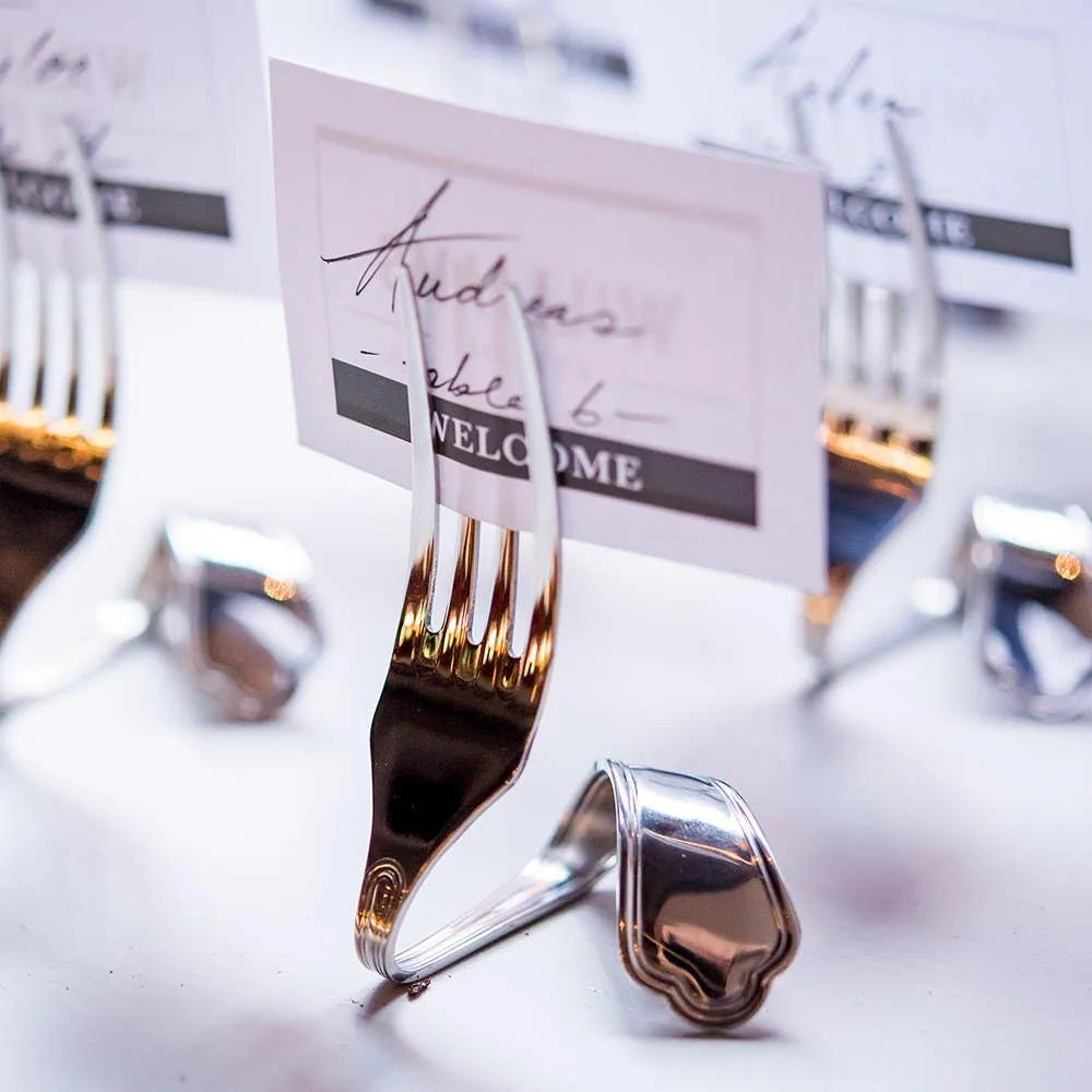 Twisted Fork Shaped Metal Place Card Holder - Silver - Set of 8