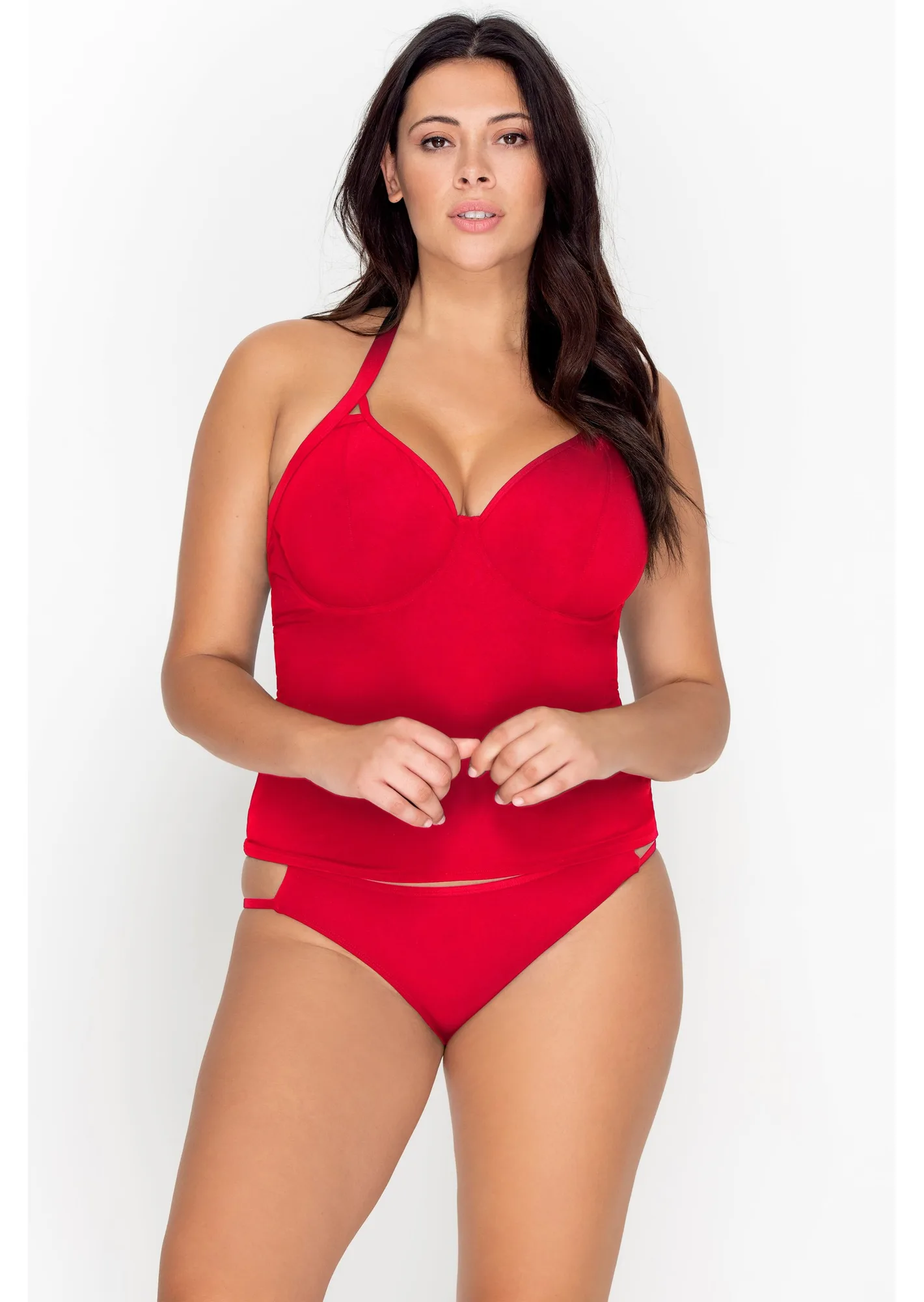 Top de Tankini Halter con Aros Rojo Fuller Bust Icon, Tallas de Copa D-GG