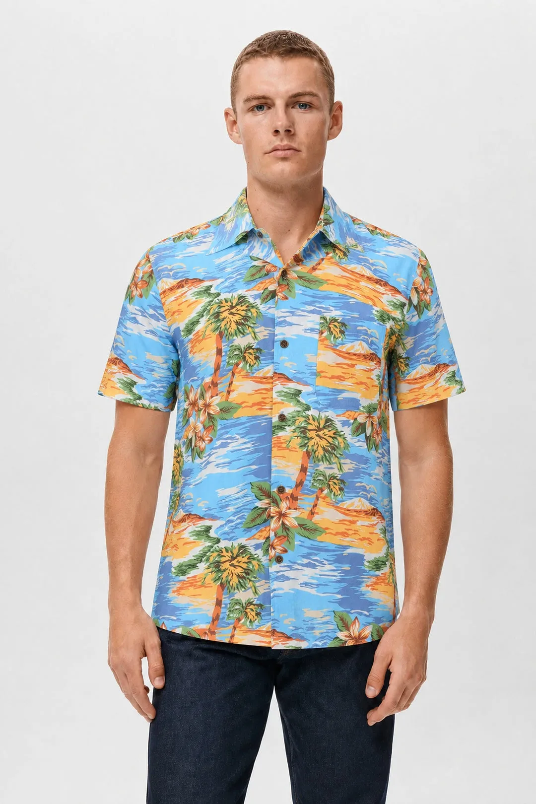 How to Style a Tropical Print Shirt with Denim Shorts