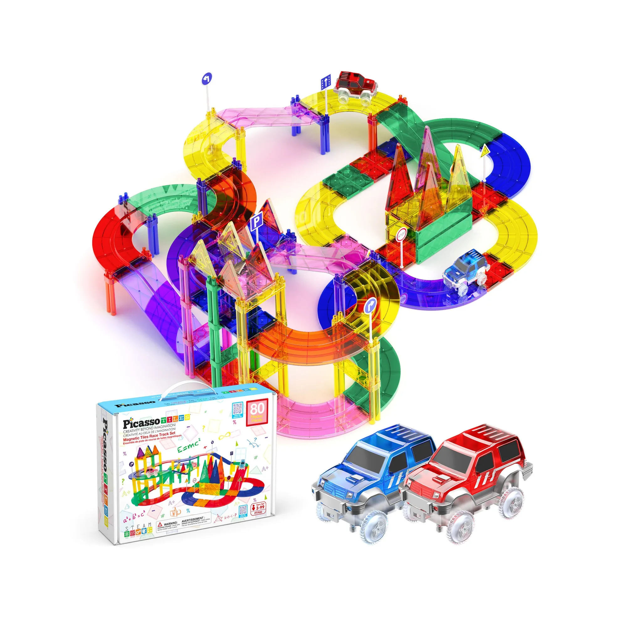 PicassoTiles 80pc Magnetic Tiles Race Track Set with LED Cars