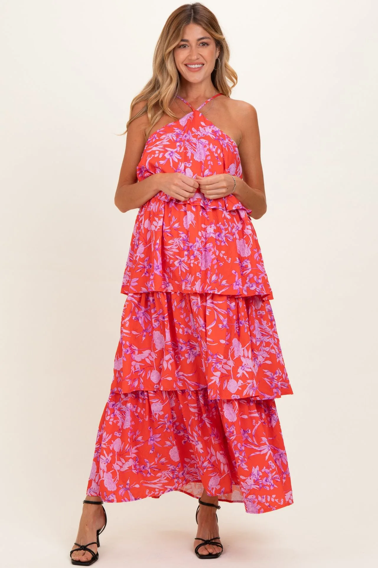 Red Floral Flowy Tiered Maternity Maxi Dress