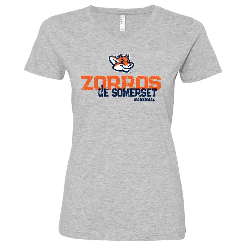 Somerset Patriots Heather Ladies Zorros de Somerset Rotation Copa V-neck Longer Length T-shirt