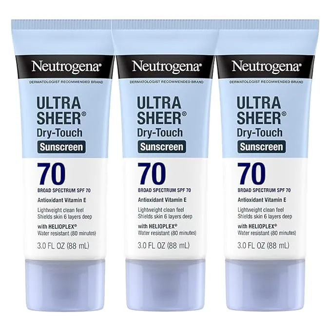 Neutrogena Ultra Sheer Dry-Touch Tabir Surya untuk Wajah & Tubuh, SPF 70 Perlindungan Spektrum Luas UVA/UVB, Ringan Tahan Air & Tidak Berminyak, Tabir Surya Ukuran Perjalanan, 3 fl