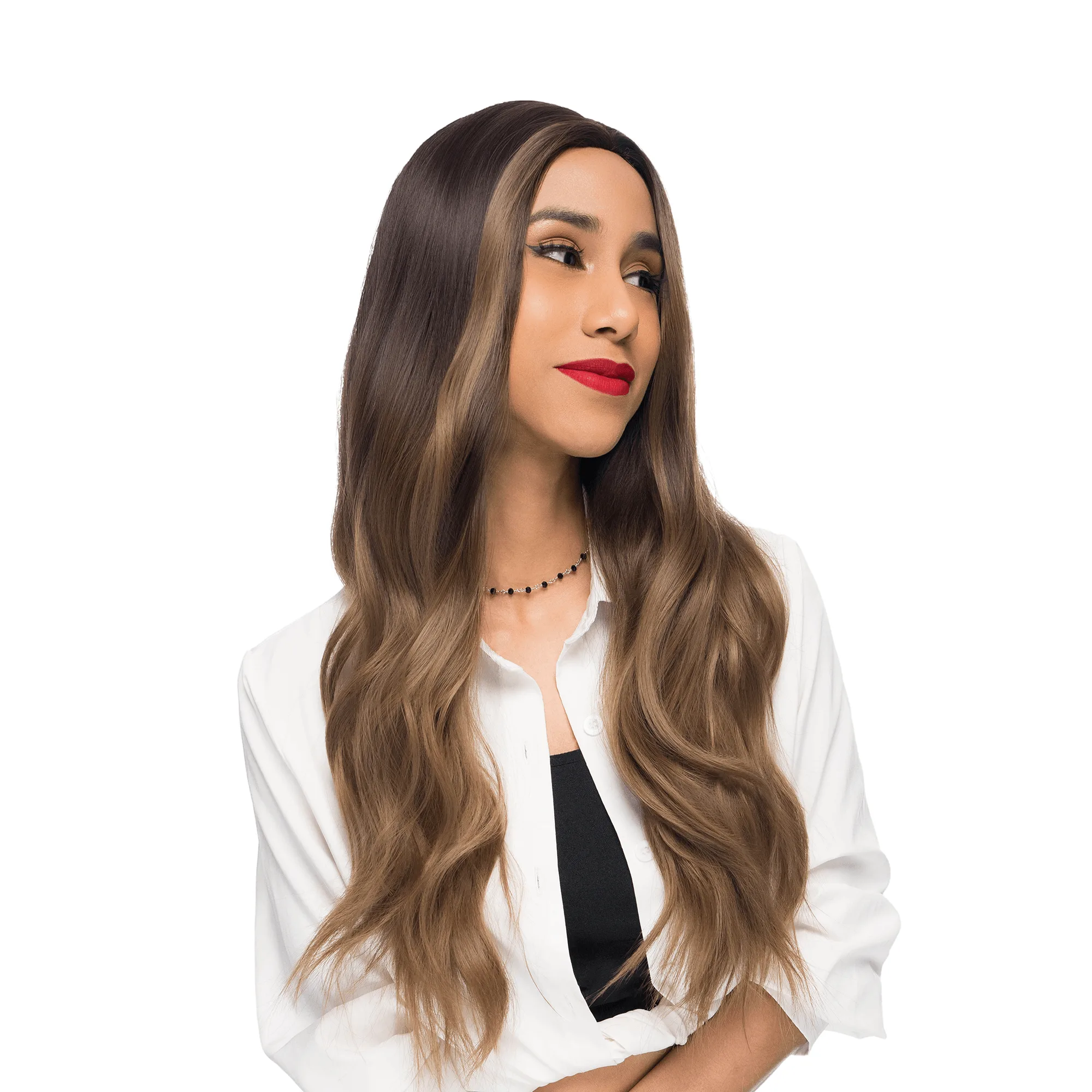 26-Inch Brown Sombre (Dark Roots) Gently Wavy Synthetic Wig