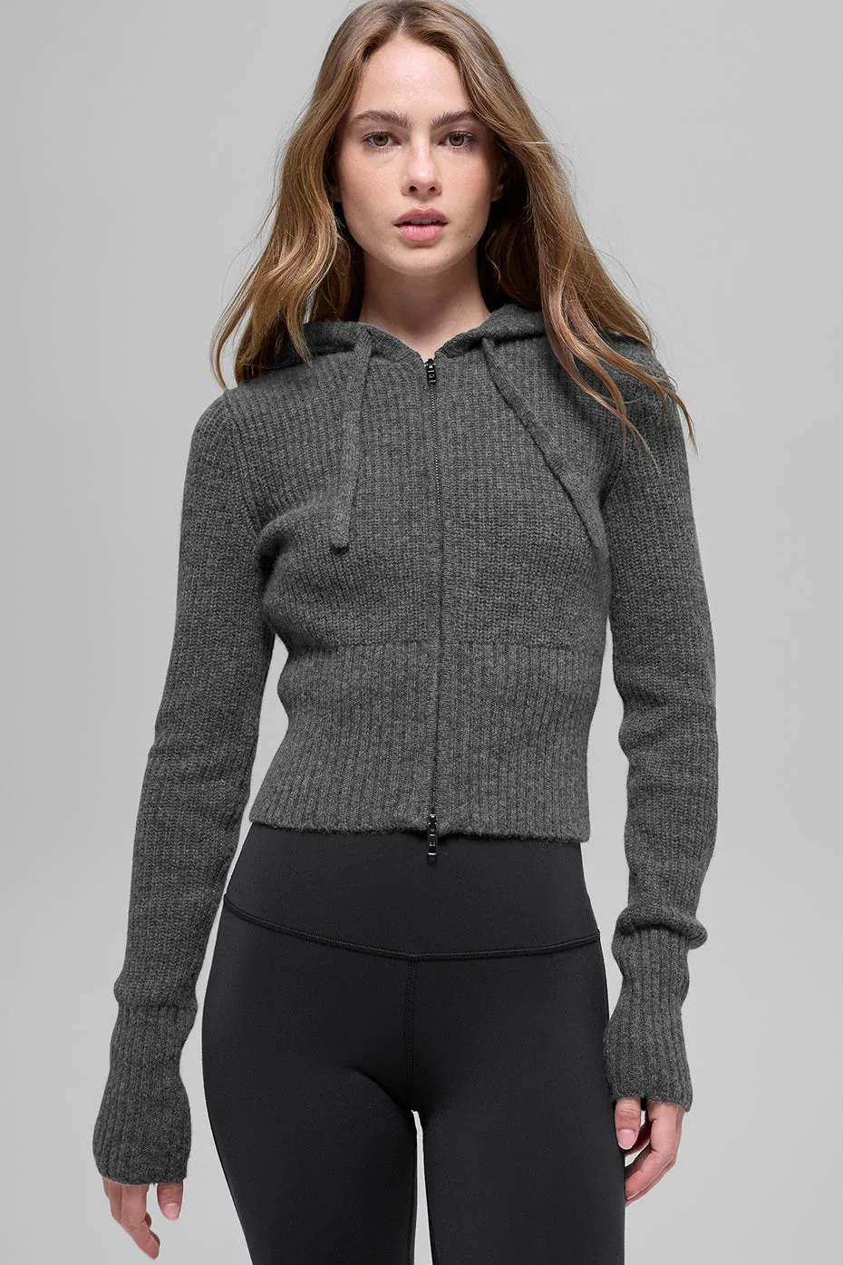 Wool Cashmere Ribbed Noble Full Zip Hoodie - Platinum Grey