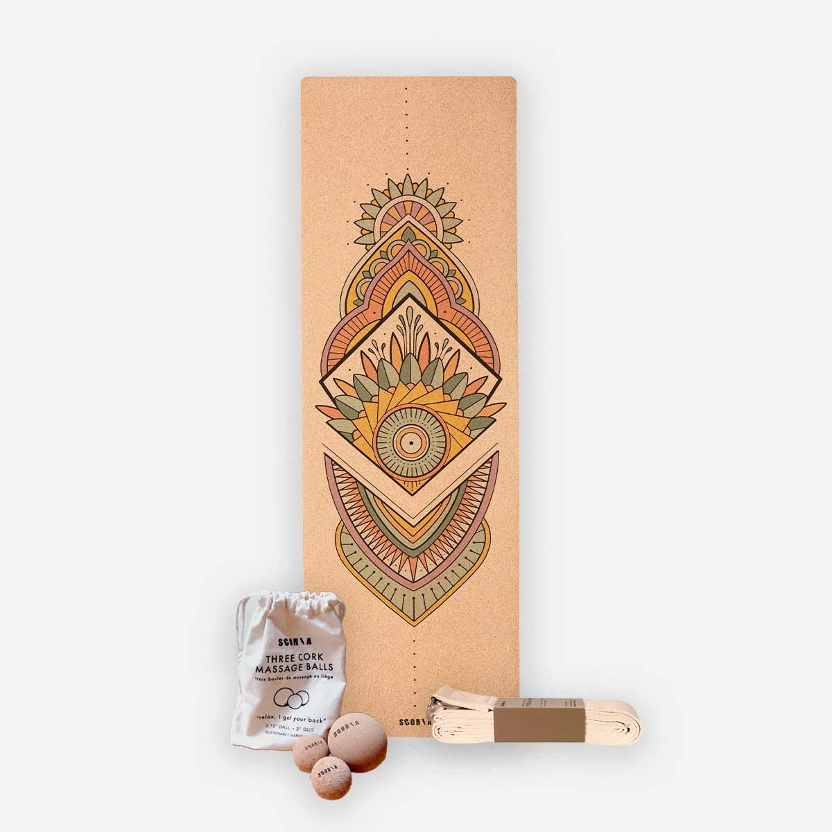 Bold Yogi 套組:Mandala 軟木墊 + 按摩球 + 伸展帶