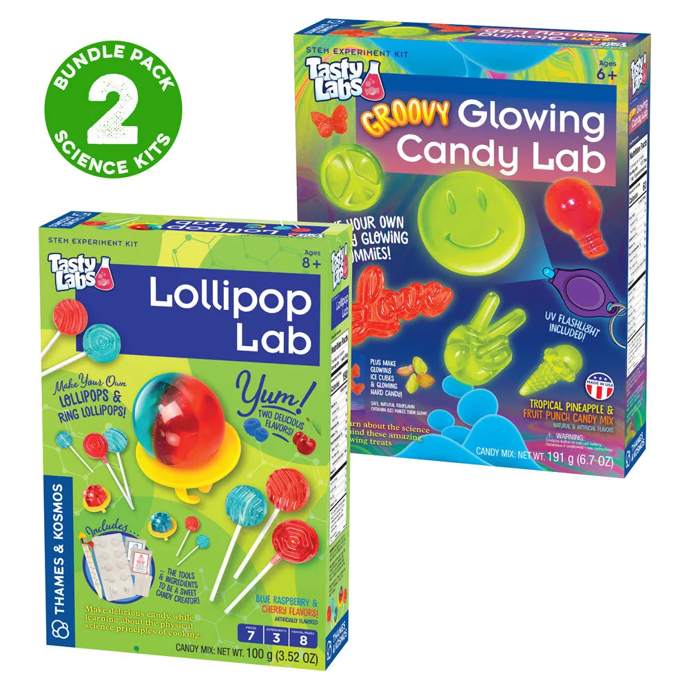 Pack de deux kits d'expériences scientifiques sur les bonbons : Laboratoire de sucettes | Laboratoire de bonbons lumineux