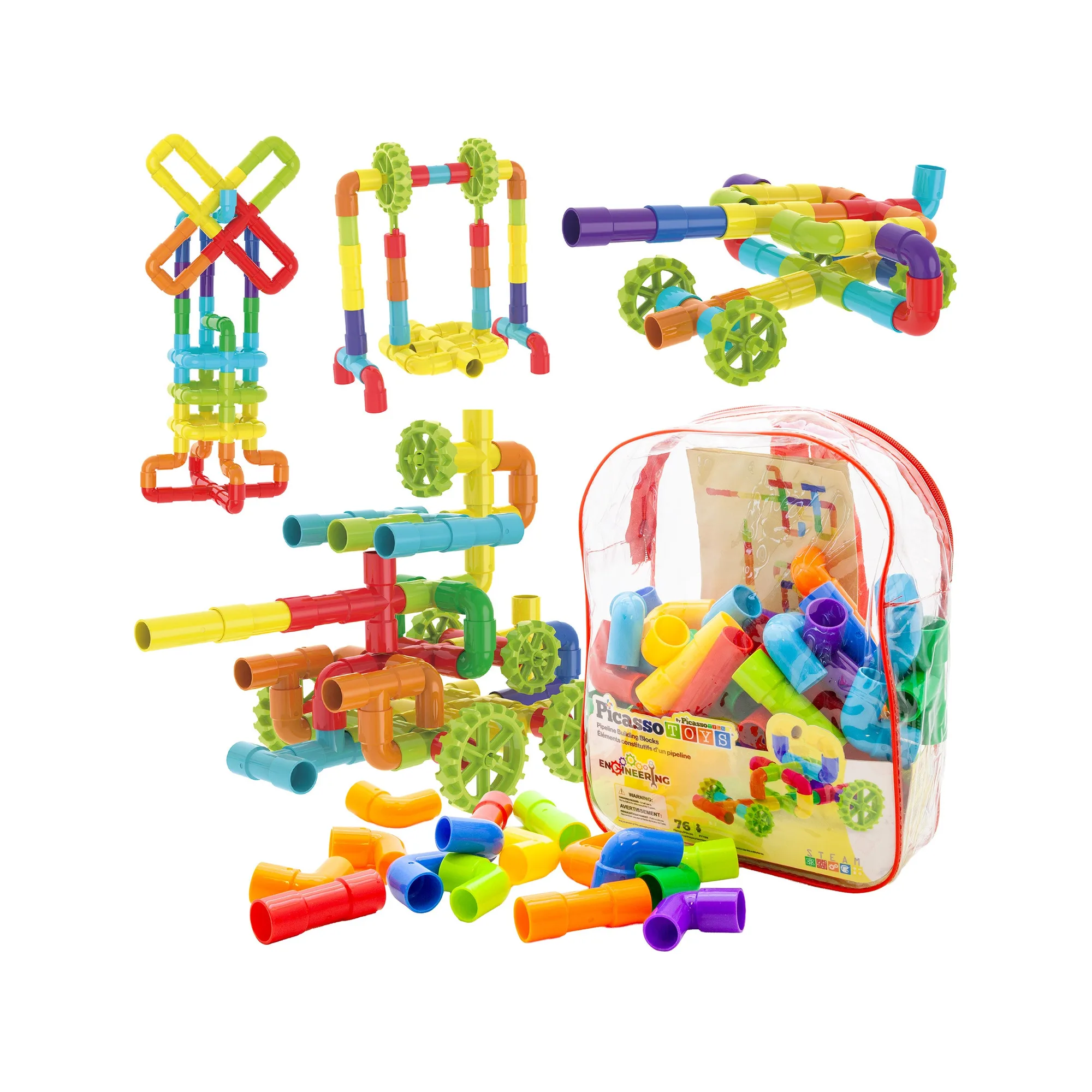 PicassoTiles Pipe Building Tube Construction Set with Wheels & Storage Backpack 76pc