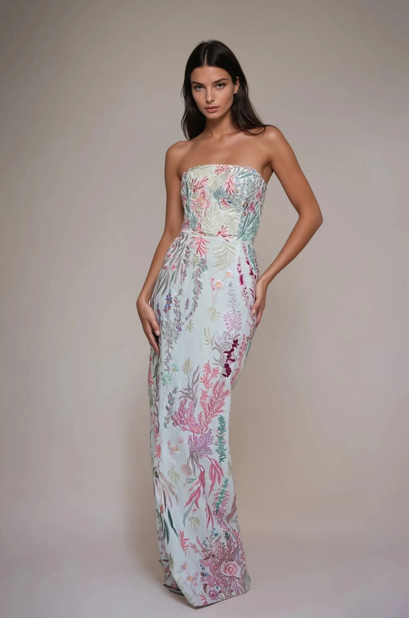 Underwater Wildflower Bustier Silk Crepe Column Gown | Blush