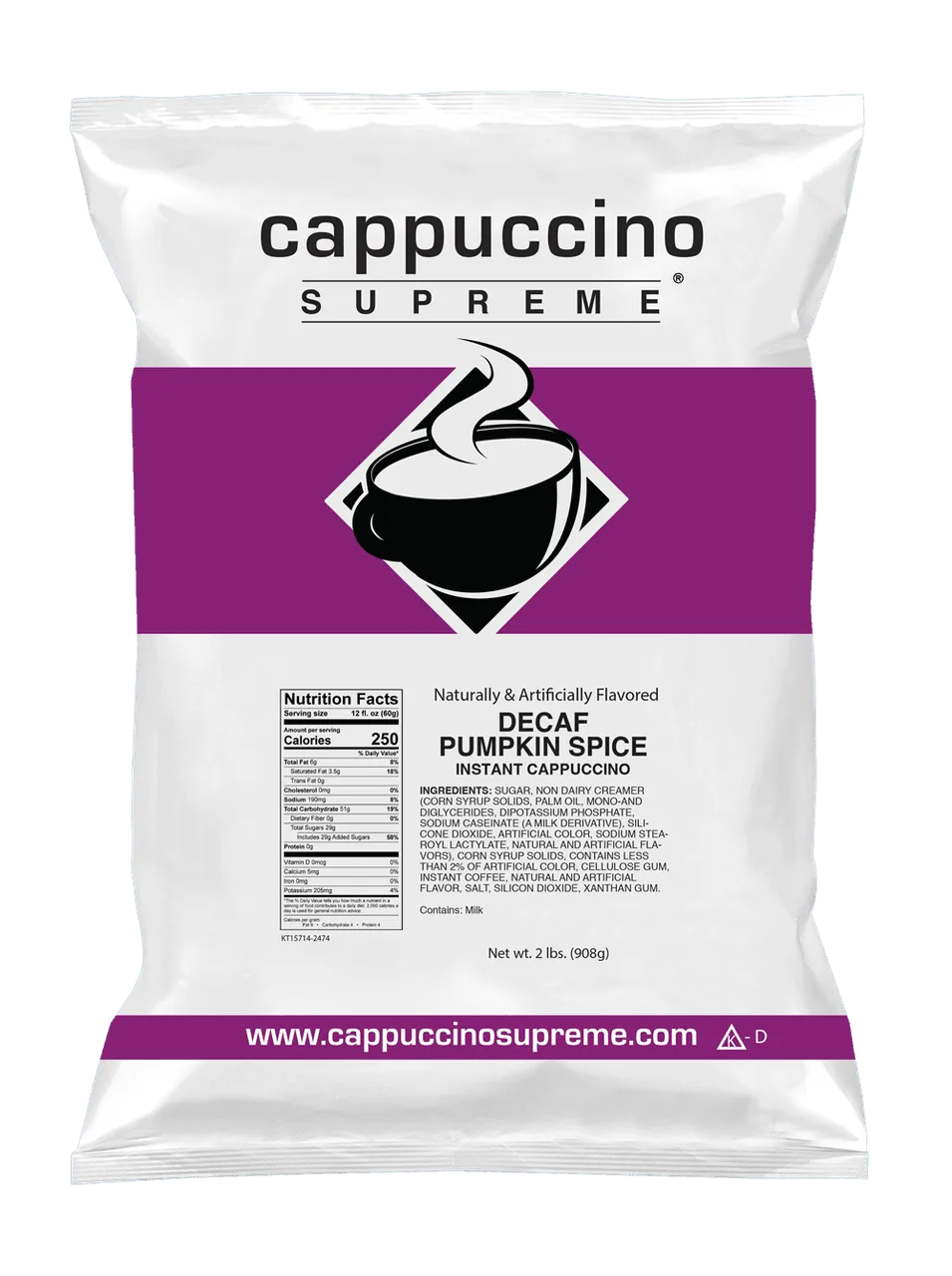 Mezcla instantánea para capuchino de especia de calabaza descafeinada 2 lb bolsa