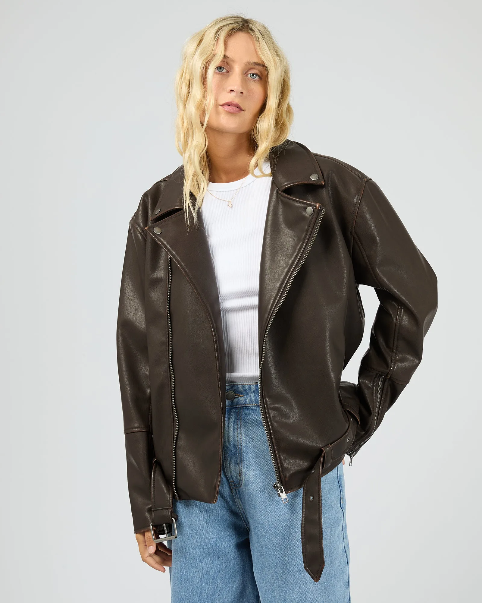 Moss Washed Biker Jacket Brown